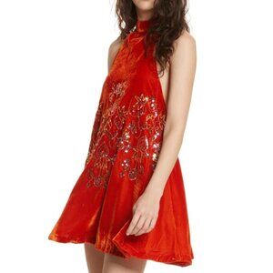 Free People Mock Neck Sleeveless Orange Velvet Dress with Sequin Detail